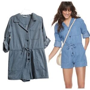 Popsugar Chambray Romper Shorts Roll Tab Sleeves Drawstring Waist Pocket…